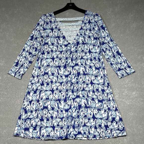 Lilly Pulitzer Dress Womens Medium Blue/White Ophelia Dress Get Trunky Pattern - Picture 8 of 13